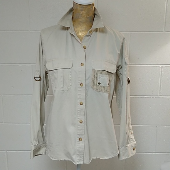Lauren Ralph Lauren Tops - LAUREN TAN KHAKI BRUSHED COTTON BUTTON DOWN SAFARI SHIRT WITH ROLL TAB SLEEVES